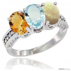 10K White Gold Natural Citrine, Aquamarine & Opal Ring 3-Stone Oval 7x5 mm Diamond Accent