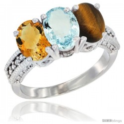 10K White Gold Natural Citrine, Aquamarine & Tiger Eye Ring 3-Stone Oval 7x5 mm Diamond Accent