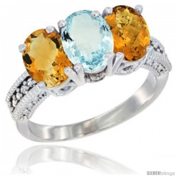 10K White Gold Natural Citrine, Aquamarine & Whisky Quartz Ring 3-Stone Oval 7x5 mm Diamond Accent