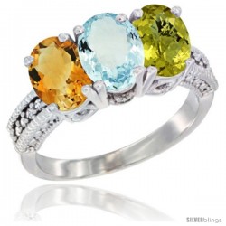 10K White Gold Natural Citrine, Aquamarine & Lemon Quartz Ring 3-Stone Oval 7x5 mm Diamond Accent