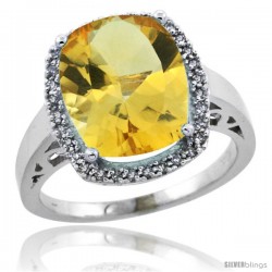 10k White Gold Diamond Citrine Ring 5.17 ct Checkerboard Cut Cushion 12x10 mm, 1/2 in wide