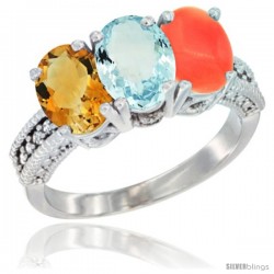 10K White Gold Natural Citrine, Aquamarine & Coral Ring 3-Stone Oval 7x5 mm Diamond Accent