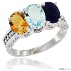 10K White Gold Natural Citrine, Aquamarine & Lapis Ring 3-Stone Oval 7x5 mm Diamond Accent