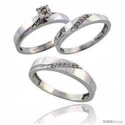 Sterling Silver 3-Piece Trio His (4.5mm) & Hers (3.5mm) Diamond Wedding Band Set, w/ 0.13 Carat Brillia -Style Ag115w3