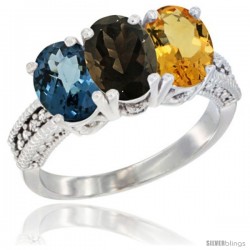 10K White Gold Natural London Blue Topaz, Smoky Topaz & Citrine Ring 3-Stone Oval 7x5 mm Diamond Accent