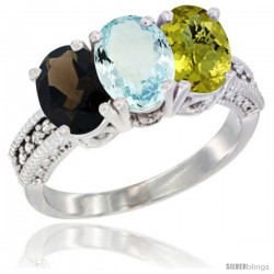 14K White Gold Natural Smoky Topaz, Aquamarine & Lemon Quartz Ring 3-Stone 7x5 mm Oval Diamond Accent