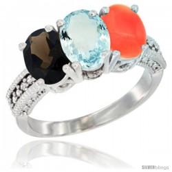 14K White Gold Natural Smoky Topaz, Aquamarine & Coral Ring 3-Stone 7x5 mm Oval Diamond Accent