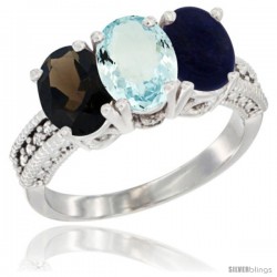 14K White Gold Natural Smoky Topaz, Aquamarine & Lapis Ring 3-Stone 7x5 mm Oval Diamond Accent