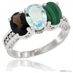 14K White Gold Natural Smoky Topaz, Aquamarine & Malachite Ring 3-Stone 7x5 mm Oval Diamond Accent