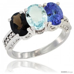 14K White Gold Natural Smoky Topaz, Aquamarine & Tanzanite Ring 3-Stone 7x5 mm Oval Diamond Accent