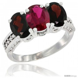 14K White Gold Natural Ruby & Garnet Sides Ring 3-Stone 7x5 mm Oval Diamond Accent