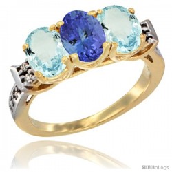 10K Yellow Gold Natural Tanzanite & Aquamarine Sides Ring 3-Stone Oval 7x5 mm Diamond Accent