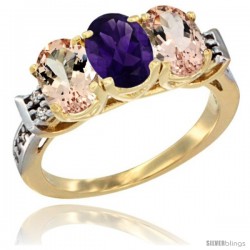 10K Yellow Gold Natural Amethyst & Morganite Sides Ring 3-Stone Oval 7x5 mm Diamond Accent