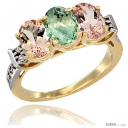 10K Yellow Gold Natural Green Amethyst & Morganite Sides Ring 3-Stone Oval 7x5 mm Diamond Accent