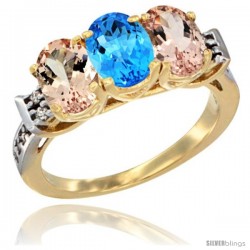 10K Yellow Gold Natural Swiss Blue Topaz & Morganite Sides Ring 3-Stone Oval 7x5 mm Diamond Accent