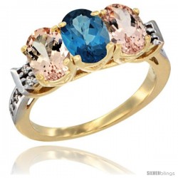 10K Yellow Gold Natural London Blue Topaz & Morganite Sides Ring 3-Stone Oval 7x5 mm Diamond Accent