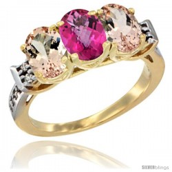 10K Yellow Gold Natural Pink Topaz & Morganite Sides Ring 3-Stone Oval 7x5 mm Diamond Accent