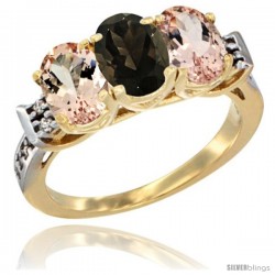 10K Yellow Gold Natural Smoky Topaz & Morganite Sides Ring 3-Stone Oval 7x5 mm Diamond Accent