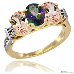 10K Yellow Gold Natural Mystic Topaz & Morganite Sides Ring 3-Stone Oval 7x5 mm Diamond Accent