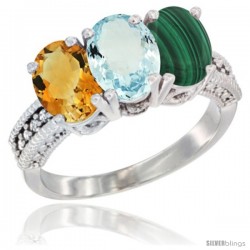 10K White Gold Natural Citrine, Aquamarine & Malachite Ring 3-Stone Oval 7x5 mm Diamond Accent