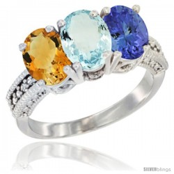 10K White Gold Natural Citrine, Aquamarine & Tanzanite Ring 3-Stone Oval 7x5 mm Diamond Accent