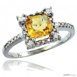 10k White Gold Diamond Halo Citrine Ring 1.2 ct Checkerboard Cut Cushion 6 mm, 11/32 in wide