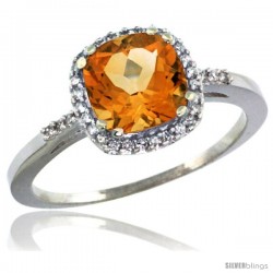 10k White Gold Diamond Citrine Ring 1.5 ct Checkerboard Cut Cushion Shape 7 mm, 3/8 in wide