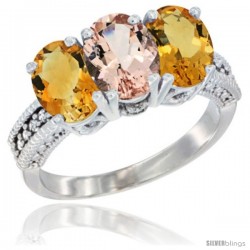 10K White Gold Natural Morganite & Citrine Sides Ring 3-Stone Oval 7x5 mm Diamond Accent