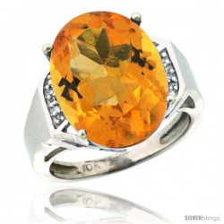 10k White Gold Diamond Citrine Ring 9.7 ct Large Oval Stone 16x12 mm, 5/8 in wide