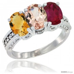 10K White Gold Natural Citrine, Morganite & Ruby Ring 3-Stone Oval 7x5 mm Diamond Accent