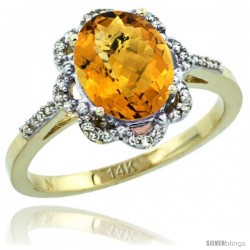 14k Yellow Gold Diamond Halo whisky Quartz Ring 1.65 Carat Oval Shape 9X7 mm, 7/16 in (11mm) wide