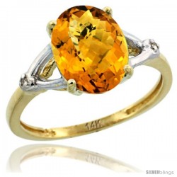 14k Yellow Gold Diamond Whisky Quartz Ring 2.4 ct Oval Stone 10x8 mm, 3/8 in wide