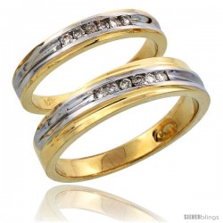 14k Gold 2-Piece His (5mm) & Hers (3.5mm) Diamond Wedding Band Set w/ Rhodium Accent, w/ 0.18 Carat Brilliant Cut Diamonds