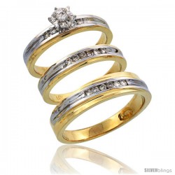 14k Gold 3-Piece Trio His (5mm) & Hers (3.5mm) Diamond Wedding Band Set w/ Rhodium Accent, w/ 0.30 Carat Brilliant Cut Diamonds