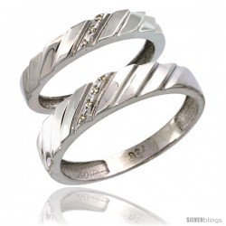 Sterling Silver 2-Pc His (5mm) & Hers (4mm) Diamond Wedding Ring Band Set w/ 0.045 Carat Brilliant Cut Diamonds