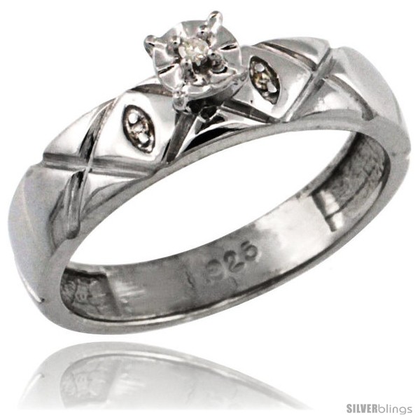 5/32 in. 4.5mm wide Sterling Silver Diamond Engagement Ring w/ 0.03 Carat Brilliant Cut Diamonds size 9