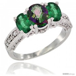 10K White Gold Ladies Oval Natural Mystic Topaz 3-Stone Ring with Emerald Sides Diamond Accent