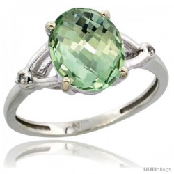 Sterling Silver Diamond Natural Green Amethyst Ring Ring 2.4 ct Oval Stone 10x8 mm, 3/8 in wide