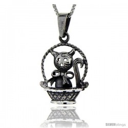 Sterling Silver Cat on a Basket Pendant, 1 3/8 in tall