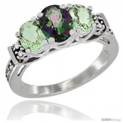 14K White Gold Natural Mystic Topaz & Green Amethyst Ring 3-Stone Oval with Diamond Accent