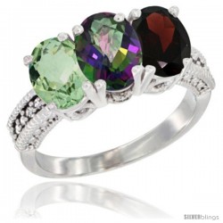 14K White Gold Natural Green Amethyst, Mystic Topaz & Garnet Ring 3-Stone 7x5 mm Oval Diamond Accent