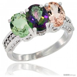 14K White Gold Natural Green Amethyst, Mystic Topaz & Morganite Ring 3-Stone 7x5 mm Oval Diamond Accent