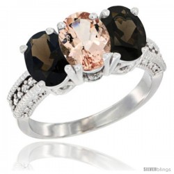 14K White Gold Natural Morganite & Smoky Topaz Ring 3-Stone 7x5 mm Oval Diamond Accent