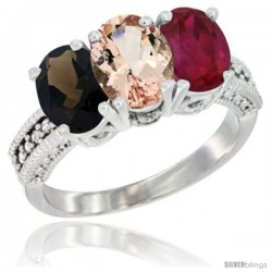 14K White Gold Natural Smoky Topaz, Morganite & Ruby Ring 3-Stone 7x5 mm Oval Diamond Accent