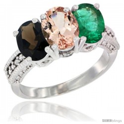 14K White Gold Natural Smoky Topaz, Morganite & Emerald Ring 3-Stone 7x5 mm Oval Diamond Accent