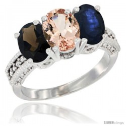 14K White Gold Natural Smoky Topaz, Morganite & Blue Sapphire Ring 3-Stone 7x5 mm Oval Diamond Accent