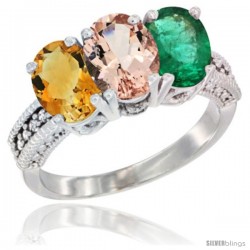 10K White Gold Natural Citrine, Morganite & Emerald Ring 3-Stone Oval 7x5 mm Diamond Accent