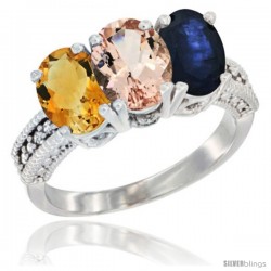 10K White Gold Natural Citrine, Morganite & Blue Sapphire Ring 3-Stone Oval 7x5 mm Diamond Accent