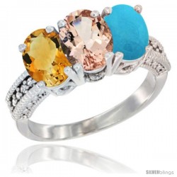 10K White Gold Natural Citrine, Morganite & Turquoise Ring 3-Stone Oval 7x5 mm Diamond Accent