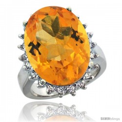 10k White Gold Diamond Halo Citrine Ring 10 ct Large Oval Stone 18x13 mm, 7/8 in wide